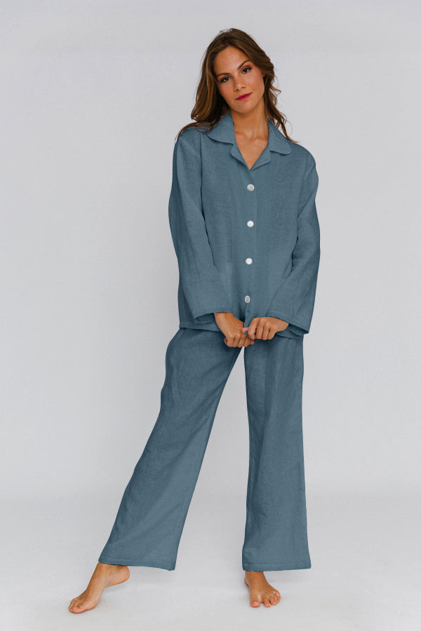 Langer blauer Leinenpyjama für Damen Linenshed