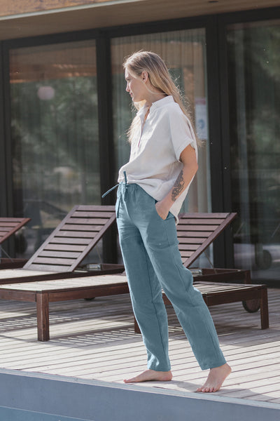 Pantalon décontracté pour femme en lin Bleu Français 