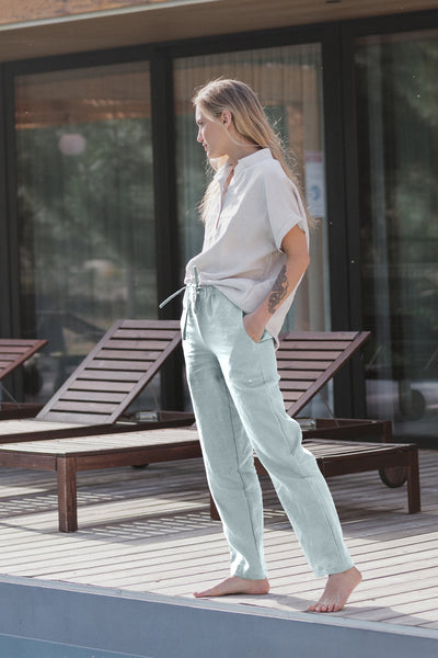 Pantalon décontracté pour femme en lin Bleu Glacier 