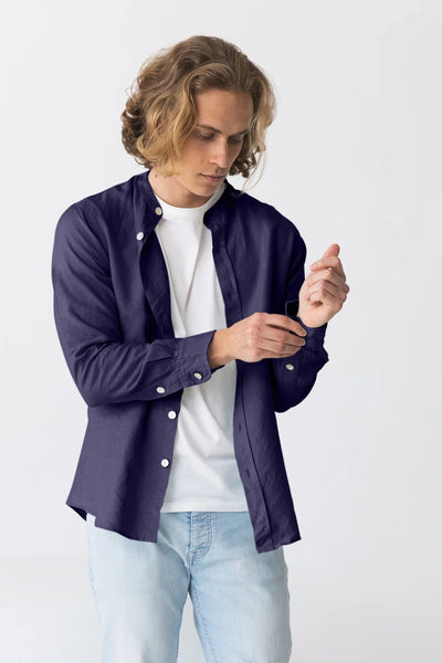 Chemise en lin col mao “Natanael” Bleu nuit