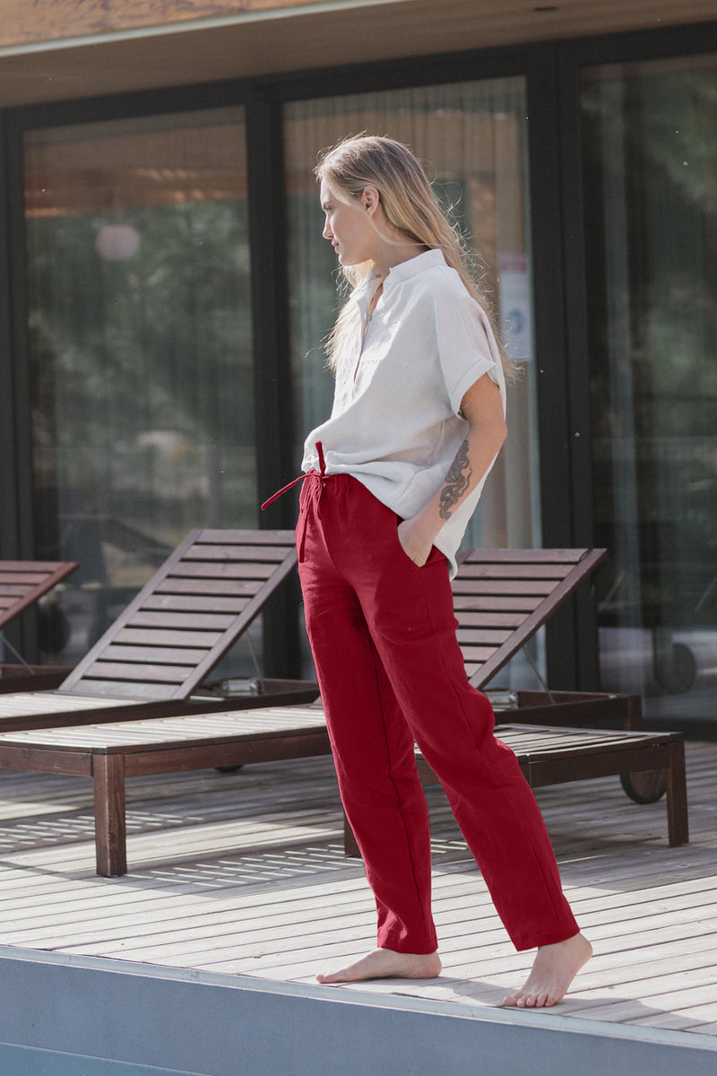 Pantalon décontracté pour femme en lin Bordeaux 
