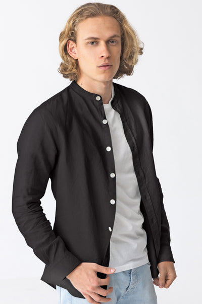 Chemise en lin col mao “Natanael” Encre Noire