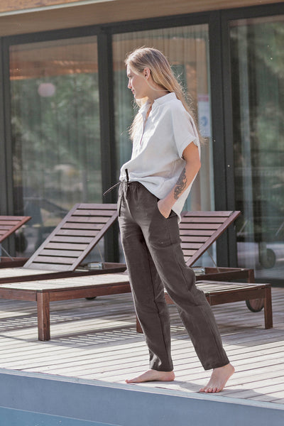 Pantalon décontracté en lin pour femme  gris plomb