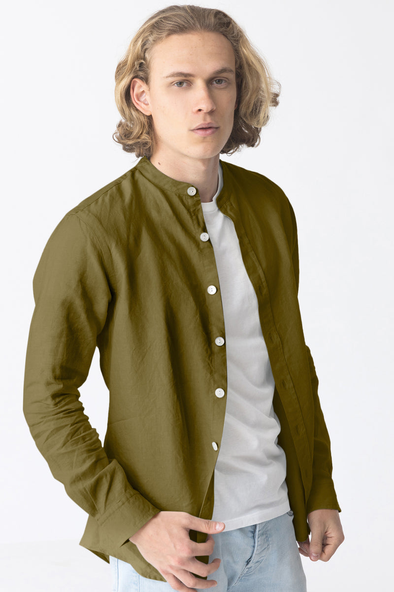 Chemise en lin col mao “Natanael” Olive Verte 