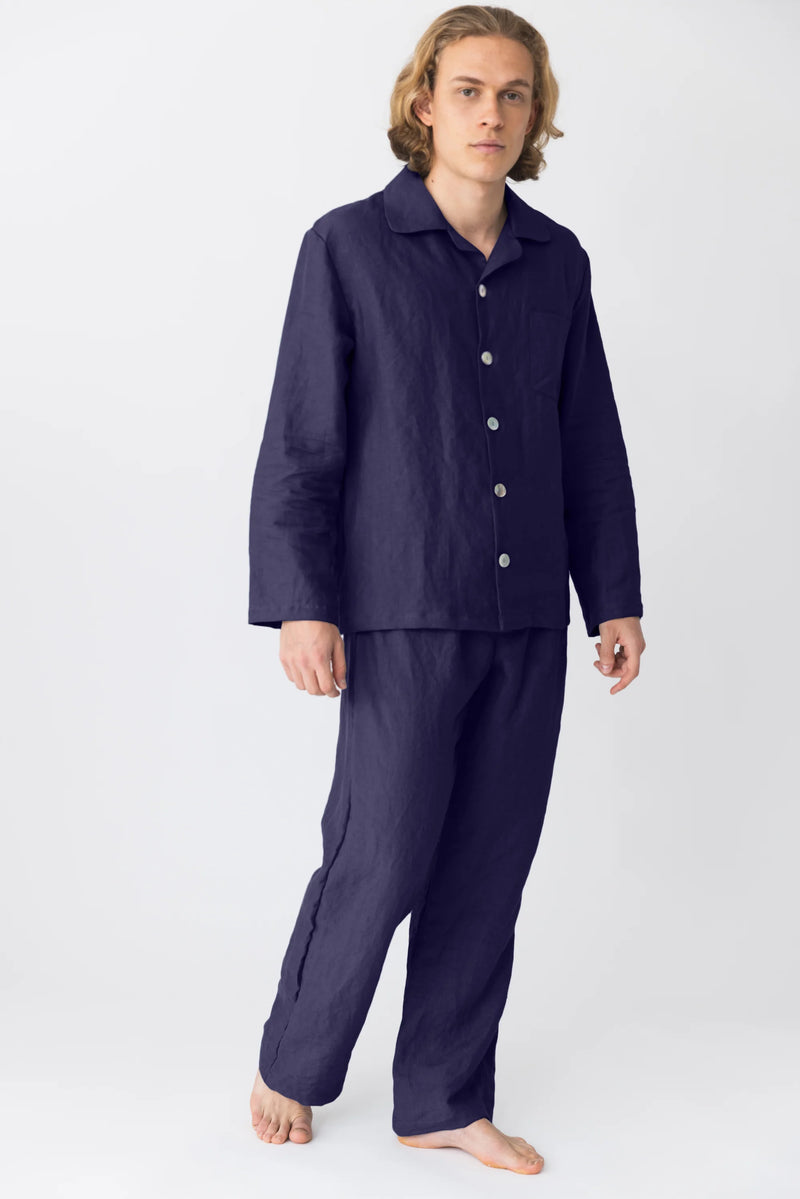 Pyjama en lin naturel pour hommes bleu-nuit