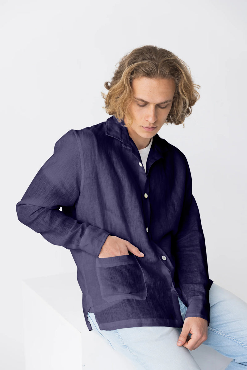 Chemise veste en 100 % lin lavé bleu nuit