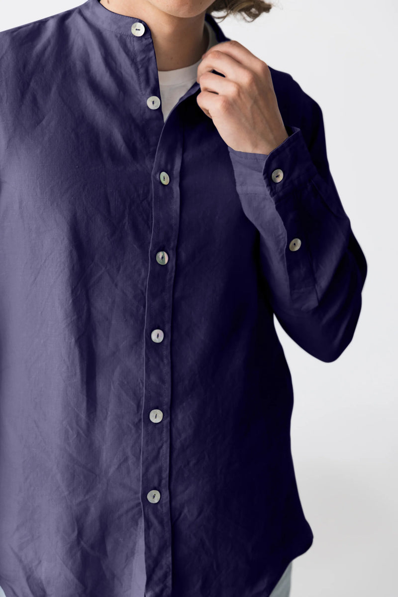 Chemise en lin doux col mao “Natanael” bleu nuit