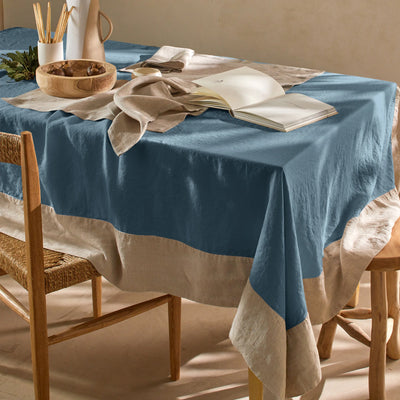 Nappe 100% Lin avec bordure contrastée bleu français
