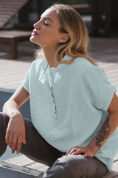 chemisier en lin lavé manches courtes Bleu Glacier 