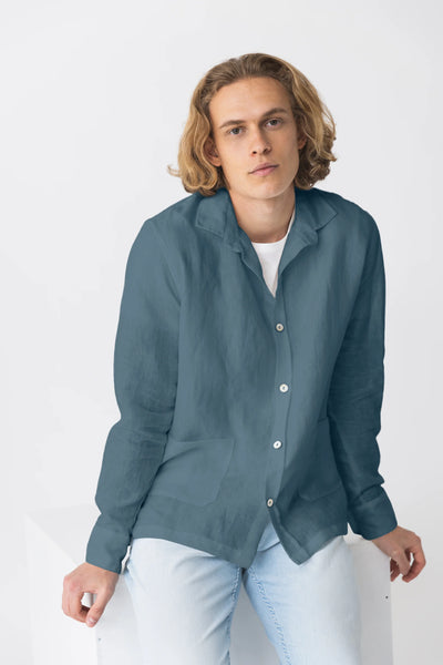 Chemise veste en 100 % lin lavé Bleu Français