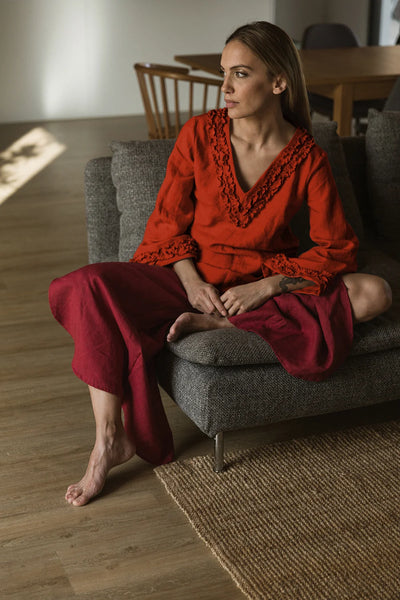 Robe de nuit courte en lin à mini volants Corail