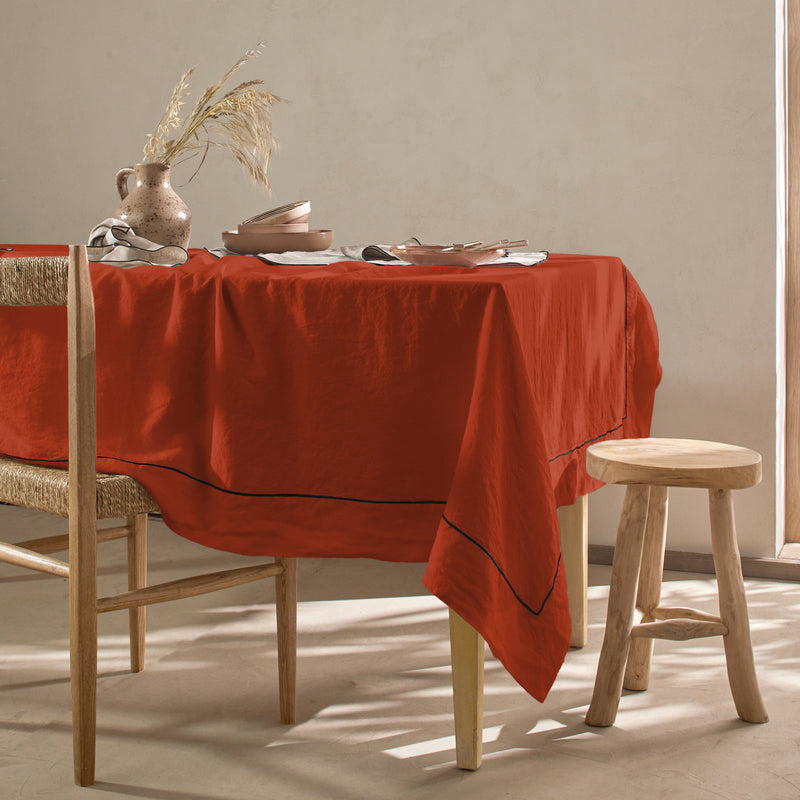 Tischdecke nach Maß aus korallenfarbenem Leinen mit bourdonrand