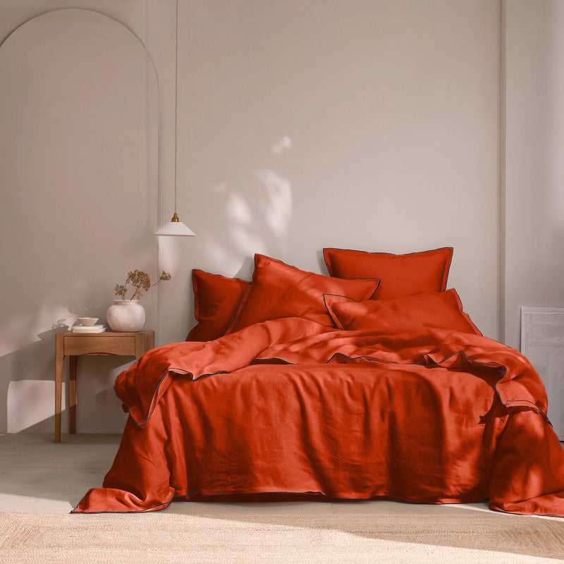 housse de couette en lin bords bourdon Corail