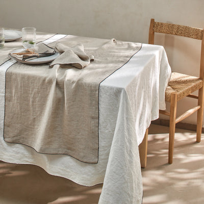 Chemin de table en lin bordure crochet naturel