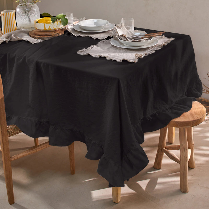 Nappe rectangulaire sur mesure  à volants en lin lavé noir