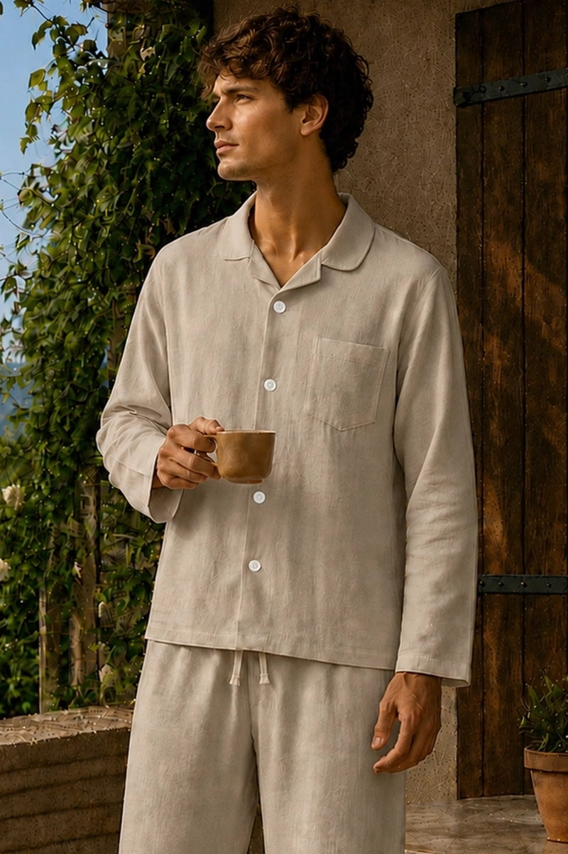 Herren-Pyjama-Jacke mit langen Ärmeln aus beigem Leinen