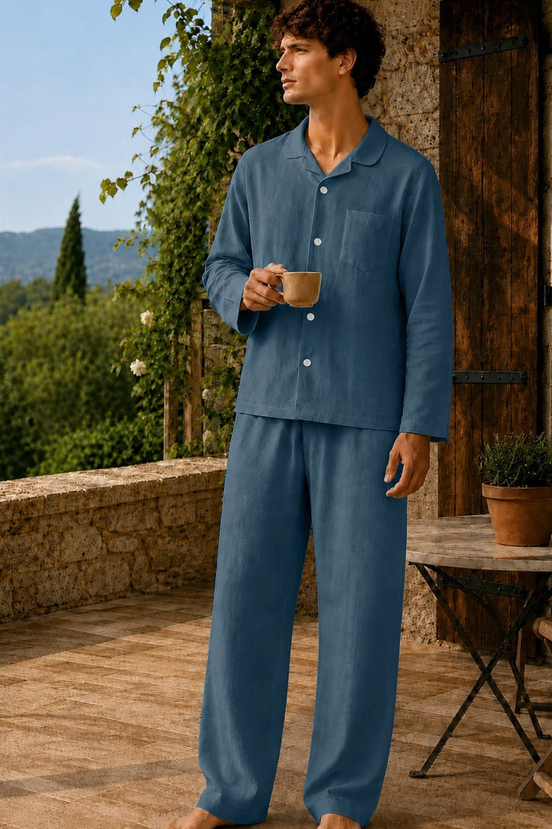 Herren-Pyjama-Set aus blauem Leinen