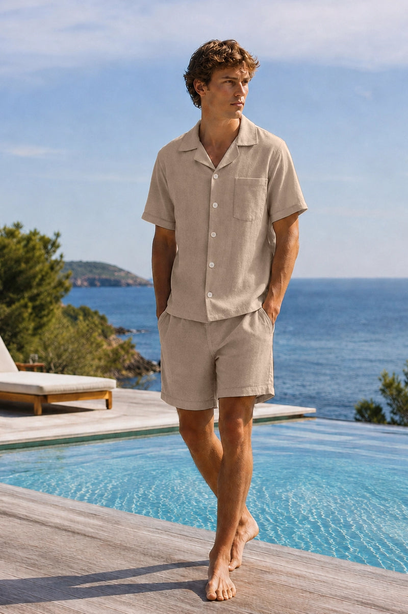Herren-Pyjamashort-Set aus beigem Leinen