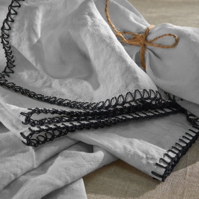 Set de serviettes bordées "Point de Cheval" en lin gris minéral