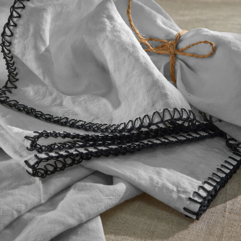 Set de serviettes bordées "Point de Cheval" en lin gris minéral