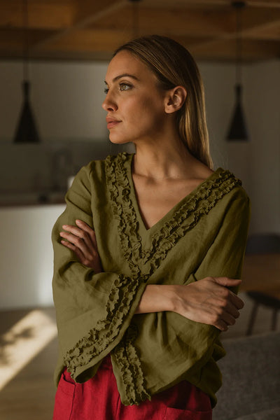 Robe de nuit courte en lin à mini volants Olive Verte