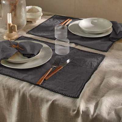 Sets de table "Point de Cheval" en lin gris plomb