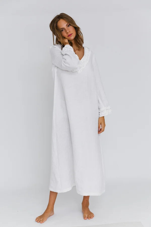 Longue Robe de nuit en lin lavé à mini volants Blanc 12 
