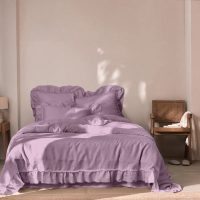 Housse de couette en pur lin à volants effrangés Lilas