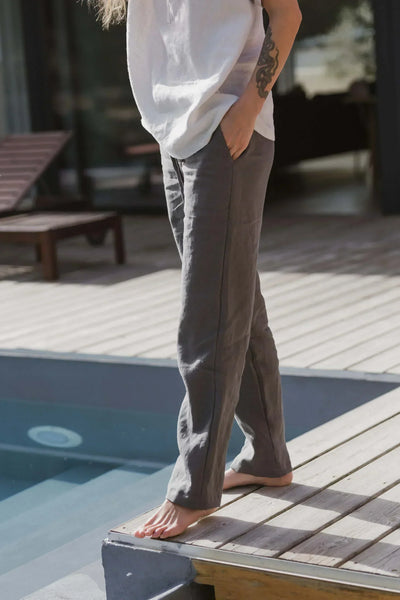 Pantalon décontracté 100% lin lavé pour femme 10#colour_gris-plomb
