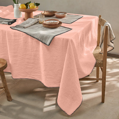 Nappe rect. point de cheval en lin lavé rose