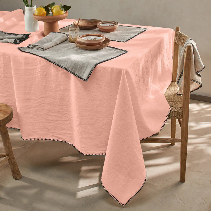 Nappe rect. point de cheval en lin lavé rose