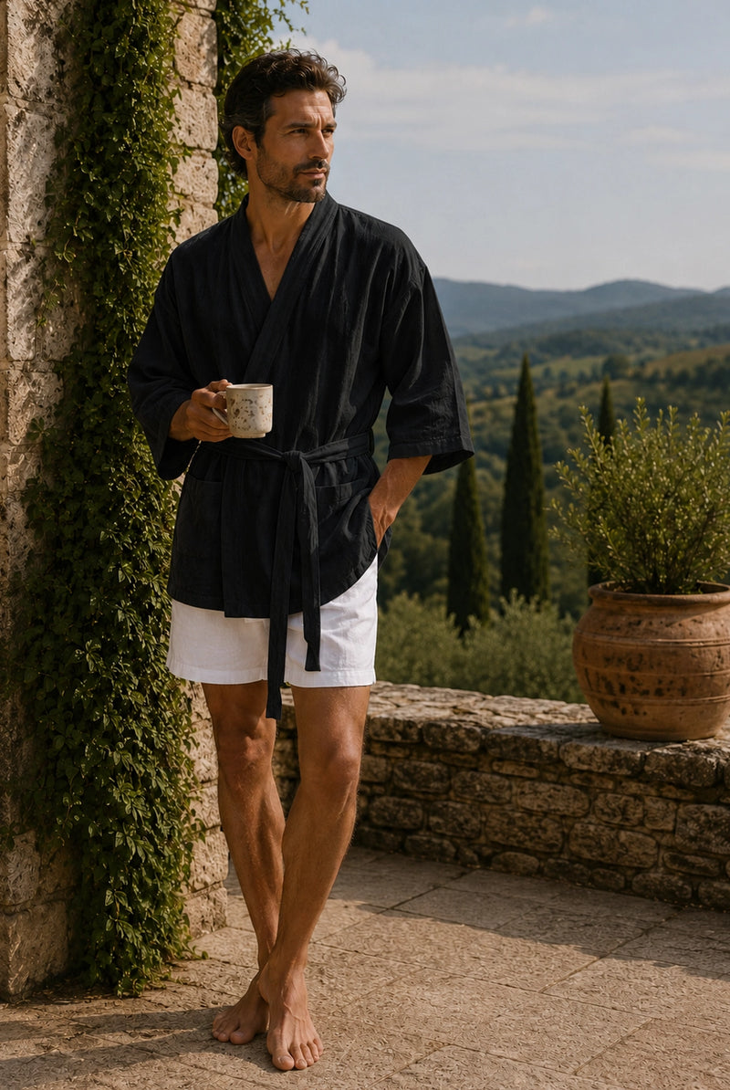 Herren-Kurz-Kimono-Bademantel aus schwarzem Leinen