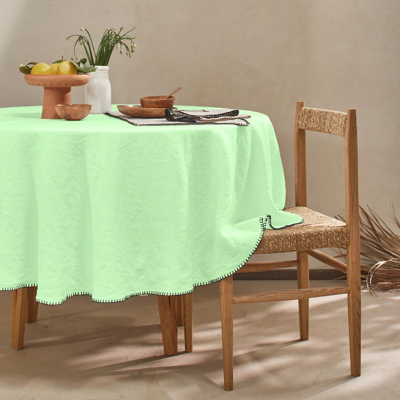 Nappe ronde point de cheval en lin lavé vert menthe