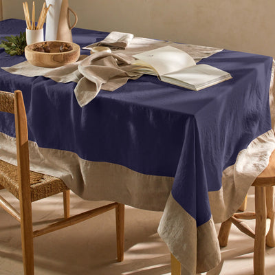 Nappe 100% Lin avec bordure contrastée bleu nuit