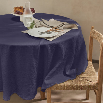 Nappe ronde en lin bord crochet bleu nuit