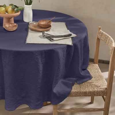 Nappe sur mesure ronde en lin lavé avec point de cheval bleu nuit