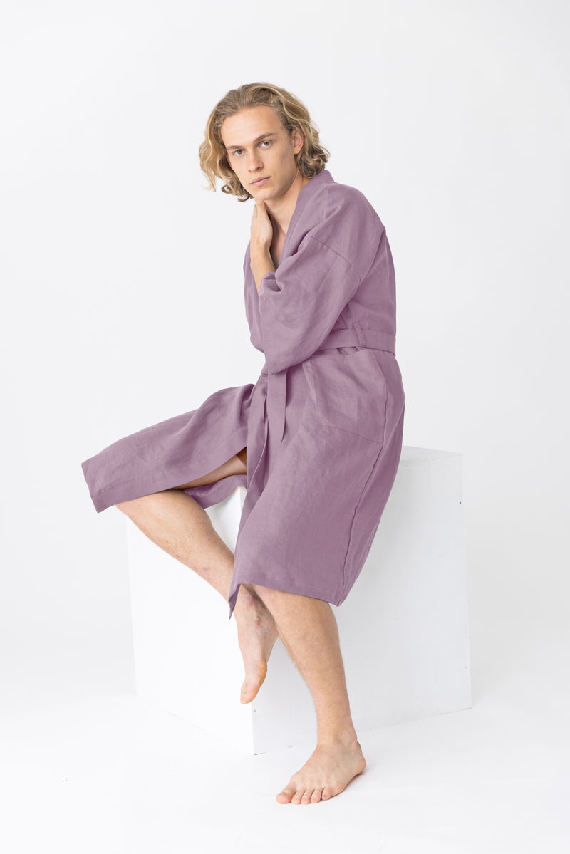 Peignoir long en lin, style kimono “Nelson” Lilas 