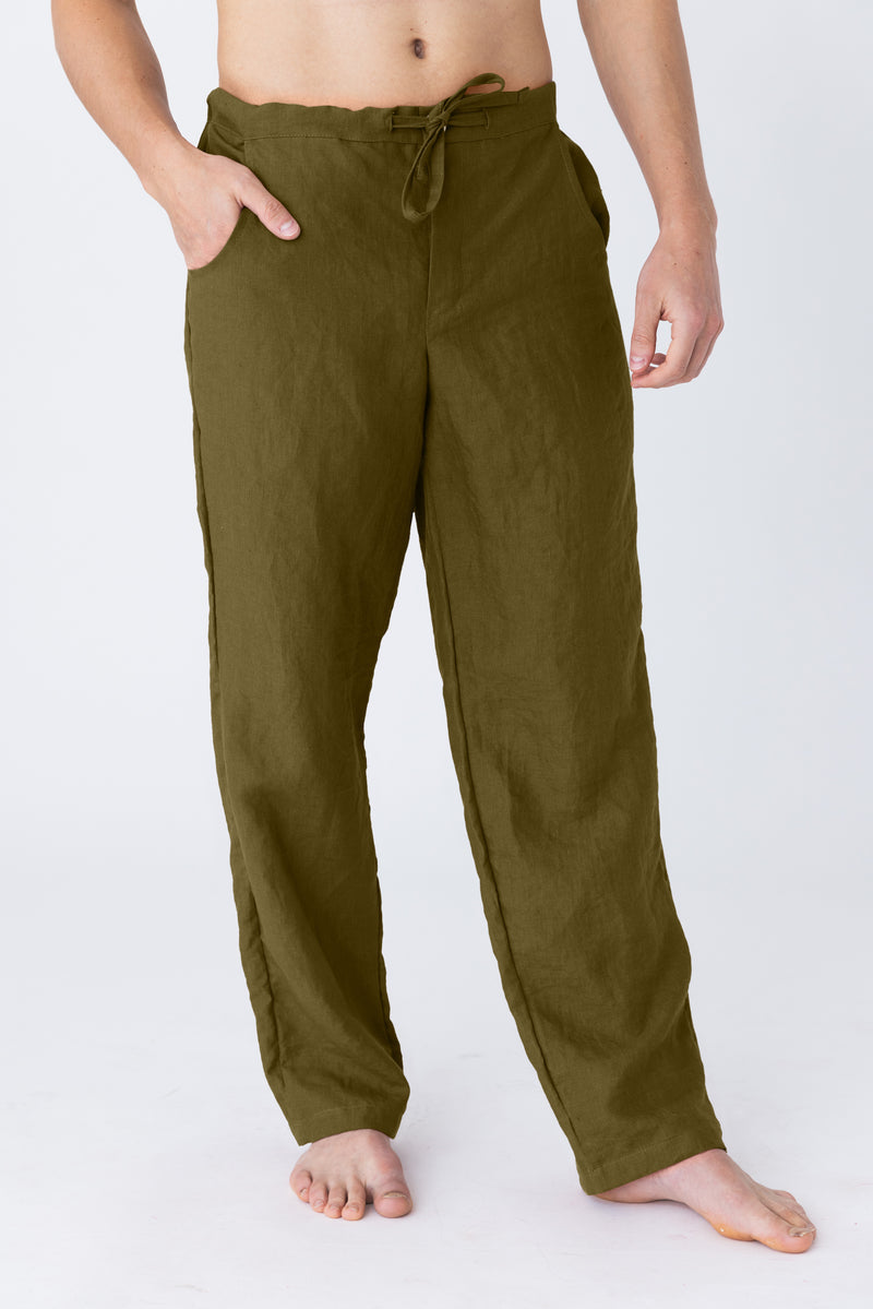 Pantalon décontracté en lin Olive Verte 