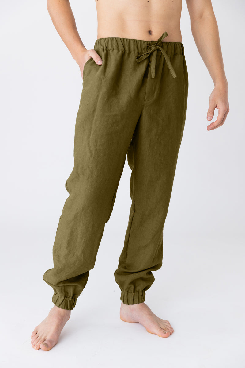 Pantalon en lin lavé “Gael” Olive Verte 