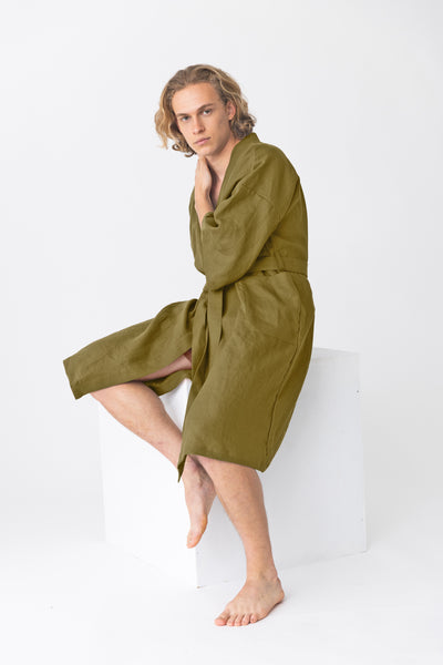  Peignoir long en lin, style kimono “Nelson” Olive Verte #colour_olive-verte